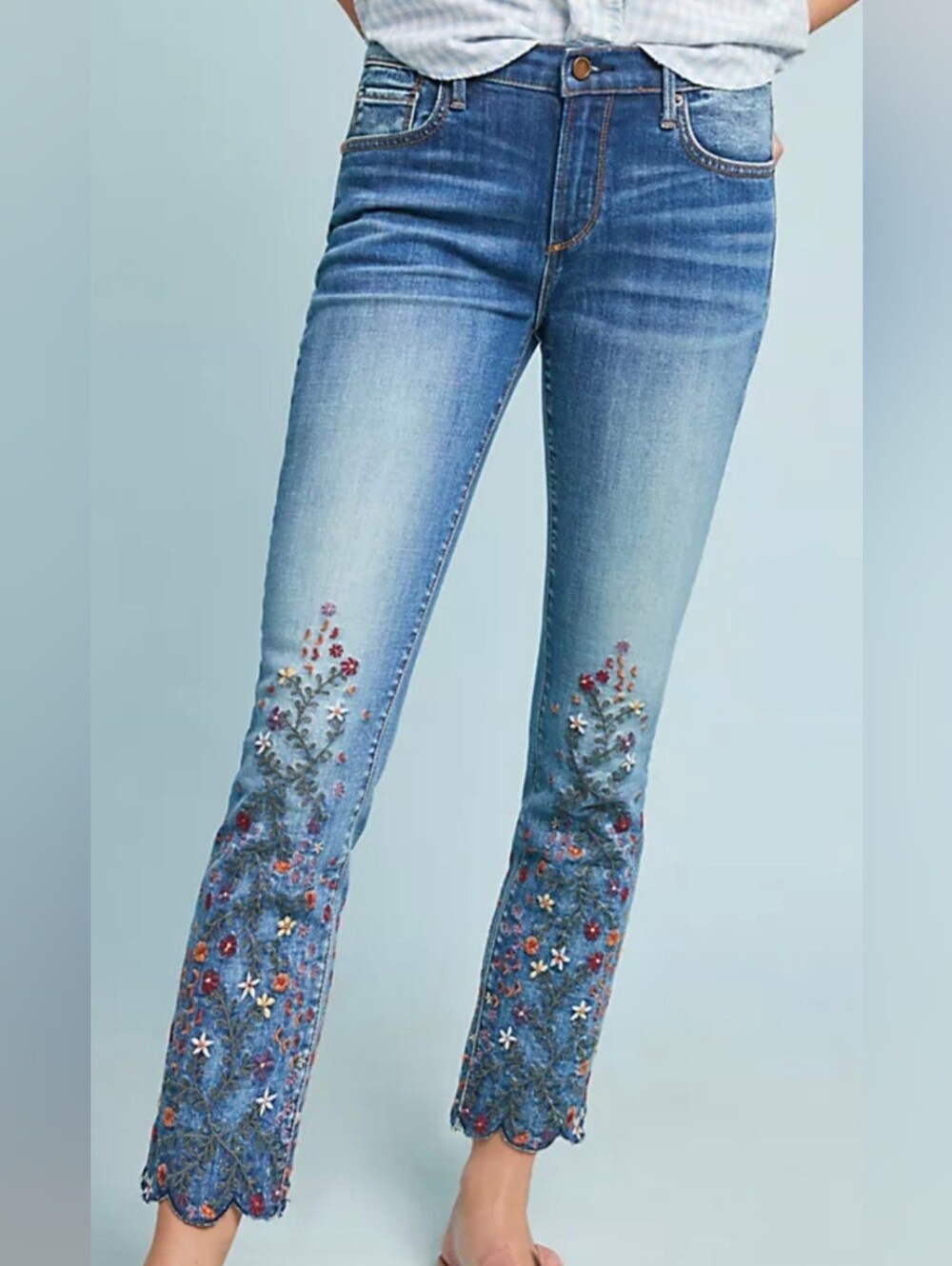 Driftwood Candace Embroidered Jeans Floral Cropped Boho Festival Sz 28